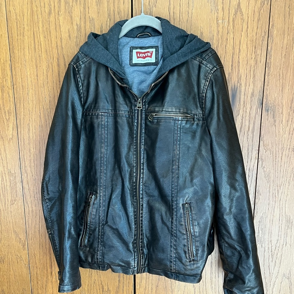 Levi’s faux men’s leather jacket with built in hoodie lining size small